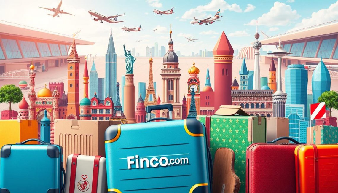 A vibrant scene depicting the process of international relocation, featuring a diverse array of iconic landmarks from various countries, surrounded by colorful suitcases and moving boxes. The background showcases a bustling airport with planes taking off and landing, symbolizing travel and new beginnings. The atmosphere is energetic and optimistic, capturing the excitement of starting a new life abroad. Include the brand name "Fincou.com" subtly integrated into the design elements, such as on a suitcase or as part of the scenery.