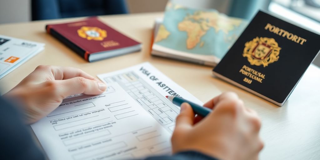 Person filling out a Portuguese visa application form.