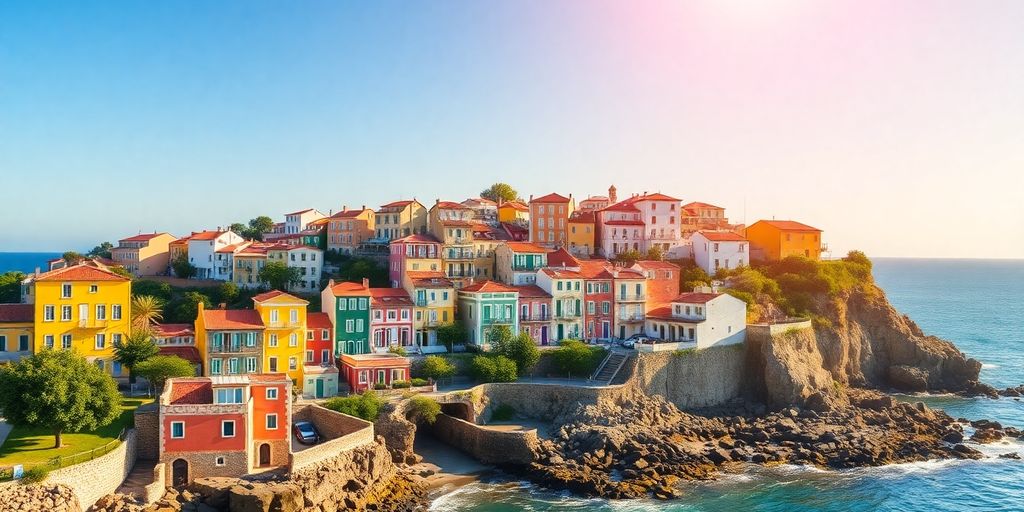 Colorful coastal buildings in Portugal with ocean view.