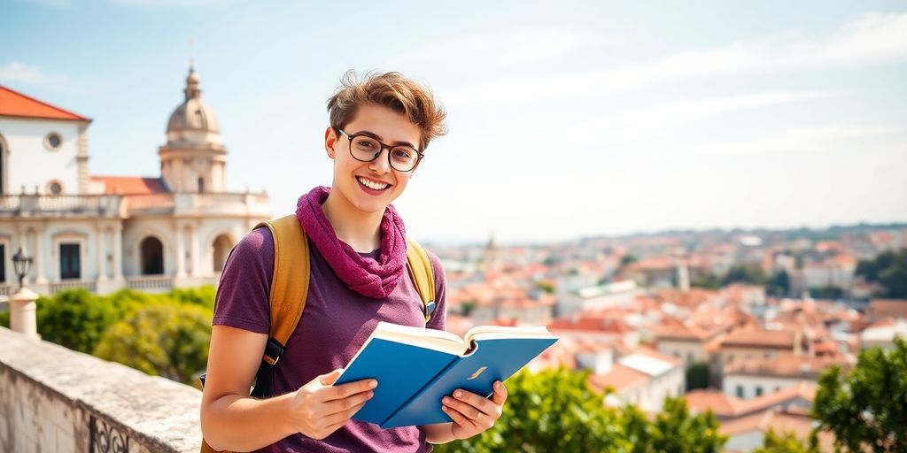 Student studying in a scenic Portuguese landscape.