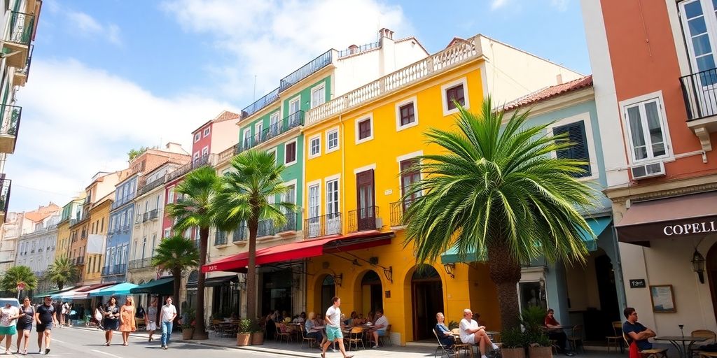 Colorful Lisbon street with outdoor cafes and palm trees.