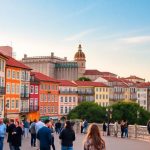 Vibrant streets of Portugal with people networking.
