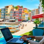 Freelancer working by the seaside in Portugal.