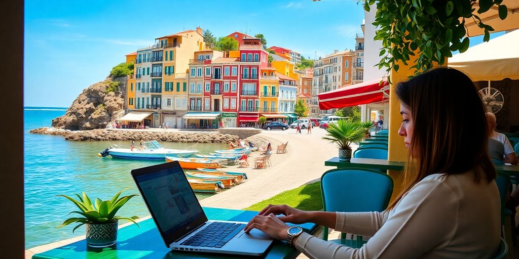 Freelancer working by the seaside in Portugal.