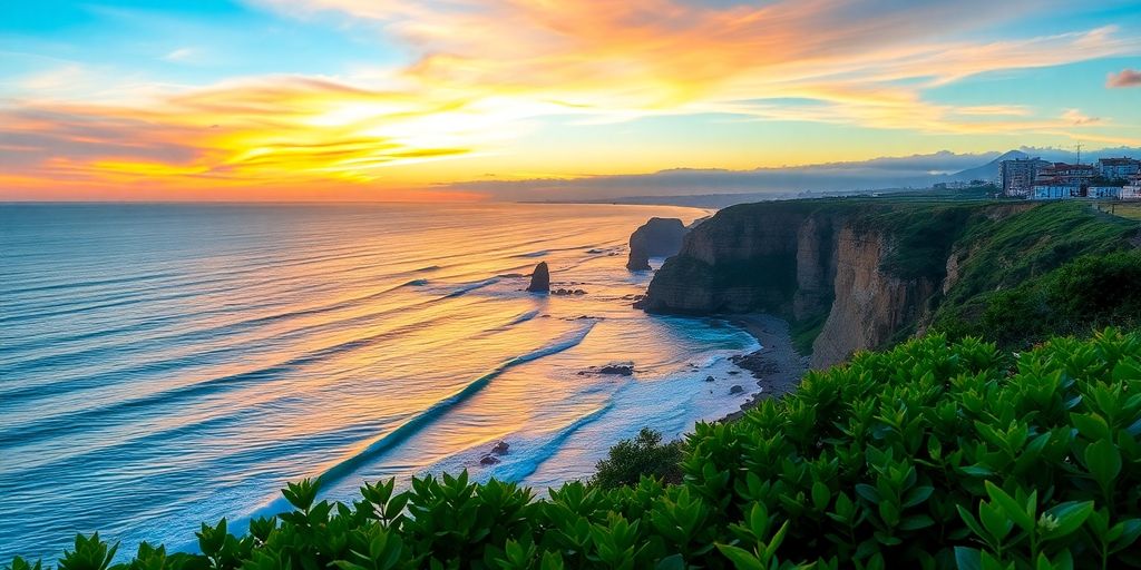 Scenic sunset over Portugal's coastline with vibrant colors.