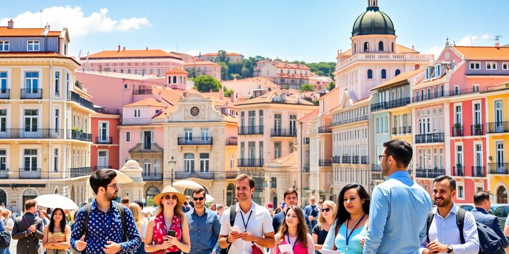 Diverse expats working in Lisbon's vibrant cityscape.