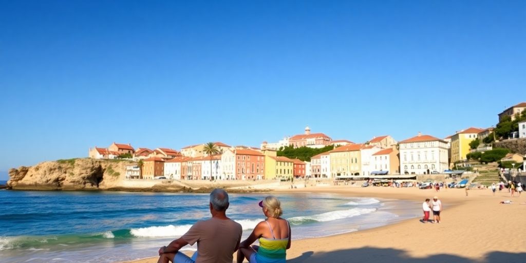 Retirees relaxing on a sunny beach in Portugal.