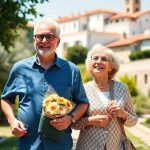 Senior couple walking in a beautiful Portuguese landscape.