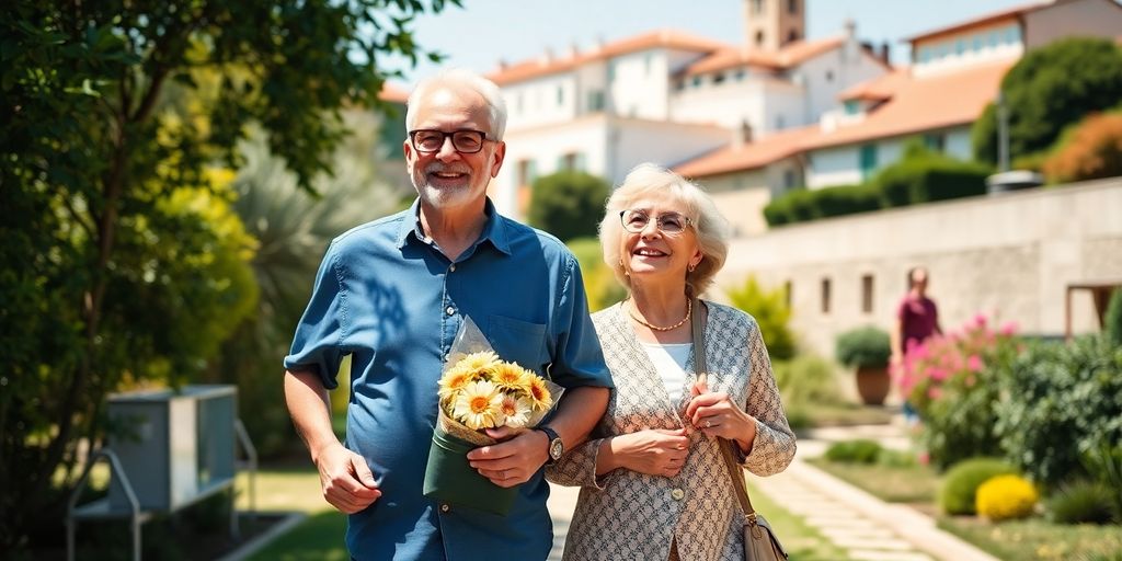 Senior couple walking in a beautiful Portuguese landscape.