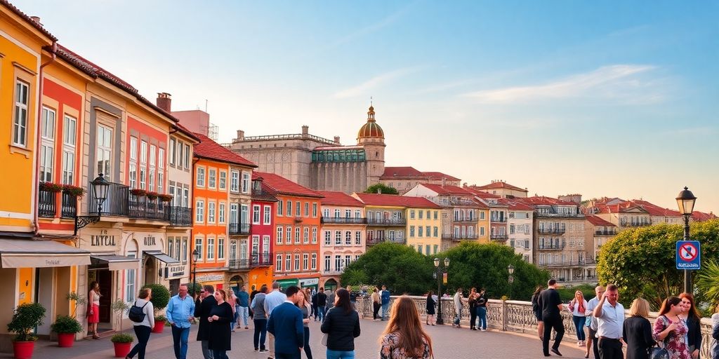 Vibrant streets of Portugal with people networking.