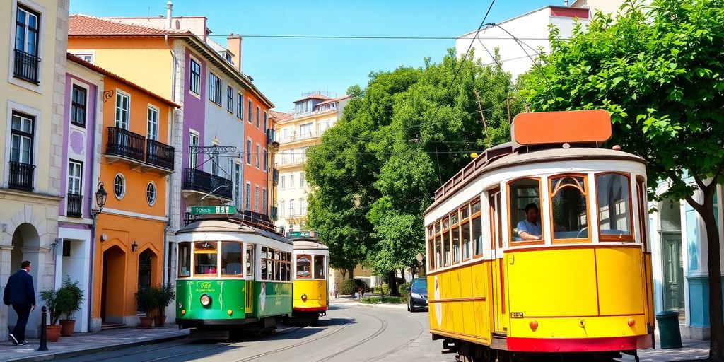 Colorful Lisbon street with tram and historic buildings.