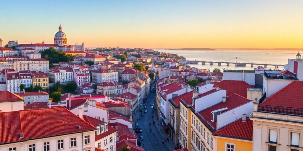 Scenic Lisbon view with historic buildings and river.